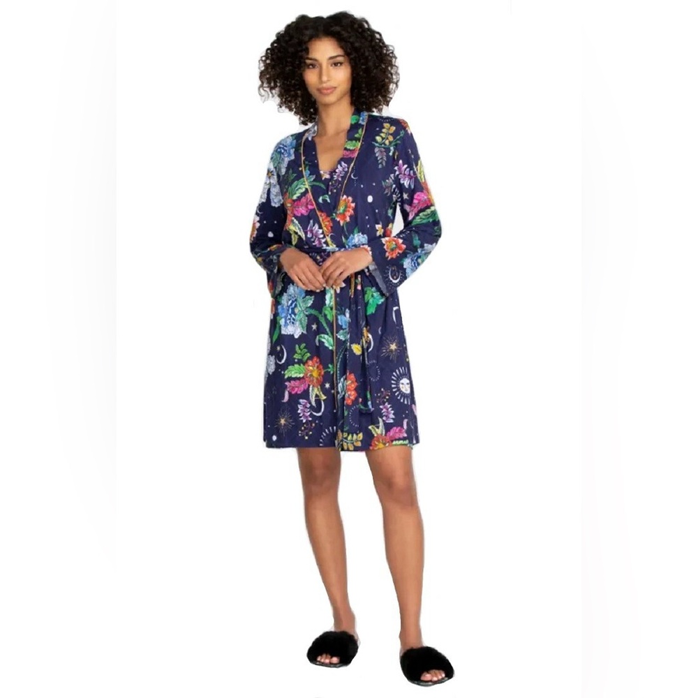 Johnny Was Purple Floral & Celestial Satin Robe - Picture 2 of 12